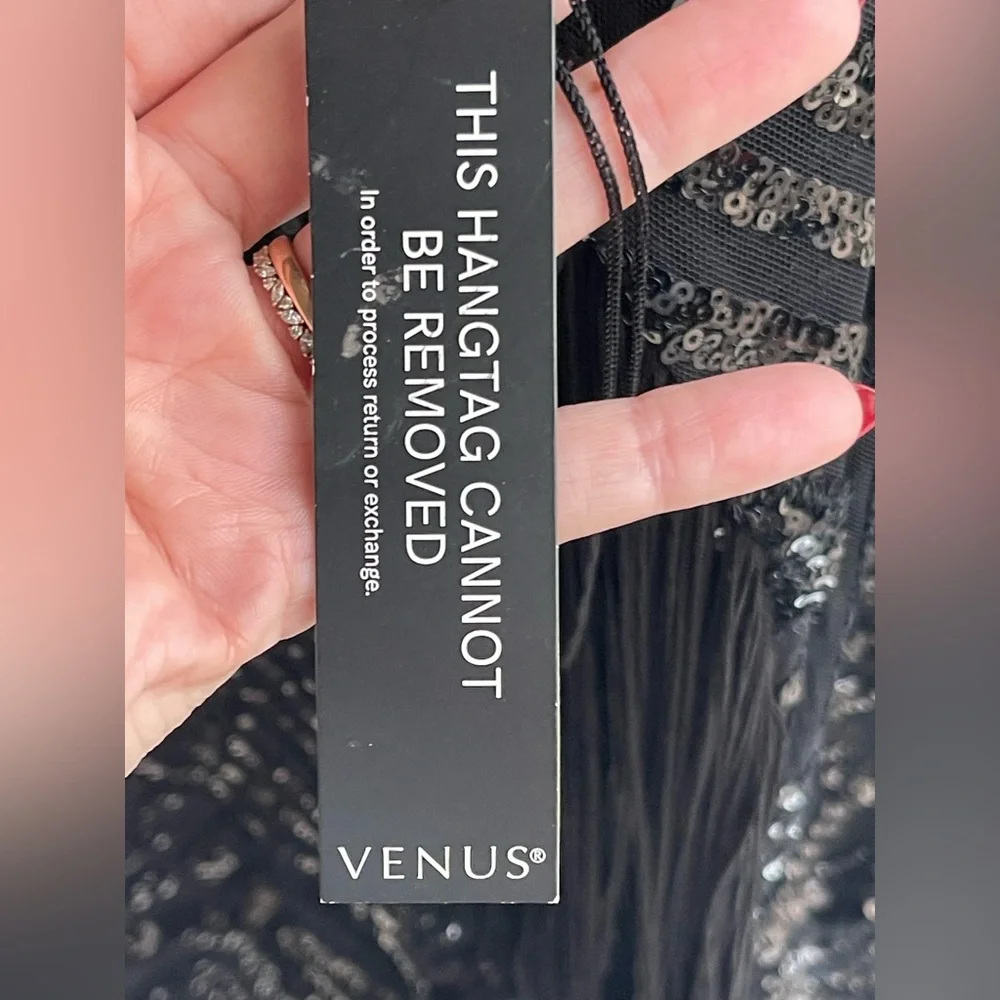 Venus NWT Black Sequin Bell Sleeve Fringe V-Neck Mini Dress - Picture 6 of 15